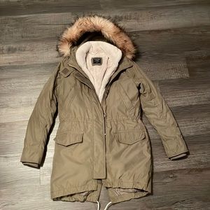 Abercrombie & Fitch Olive Parka 3 in 1 with Faux Fur Hood